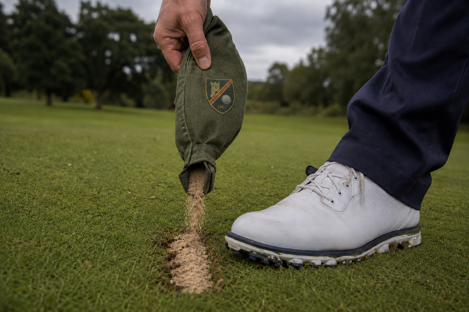 Golfer filling a fairway divot mark using a sandbag
