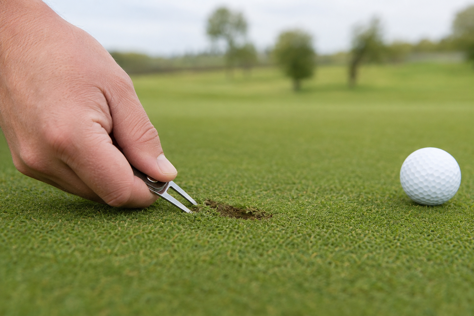 Golfer correctly repairing a pitch mark from its outer edge